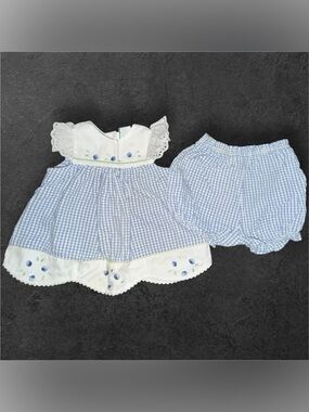 Vintage Baby Girls Smocked Blue Gingham Dress & Bloomers Set 18M